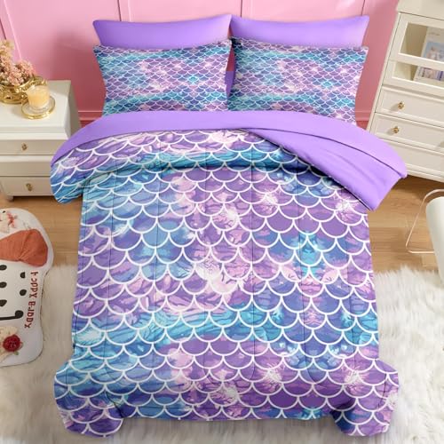 Nesker 5 Pcs Comforter Set Twin Size, Blue Purple Gradient Bedding for Kids Teen, Mermaid Scale Bedding Set with Pillowcase & Sham Nesker