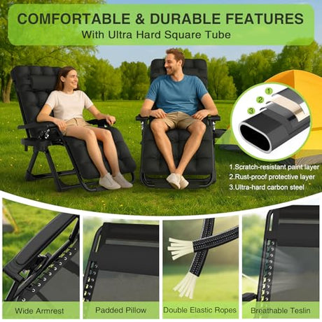 Suteck Zero Gravity Chair Set of 2, Reclining Camping Lounge Chair w/Removable Cushion, Upgraded Lock and Cup Holder, Reclining Patio Chairs Folding Recliner for Indoor and Outdoor Suteck