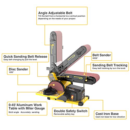 Woodskil 4.3A Belt Sander, 4 x 36 in. Belt & 6 in. Disc Sander, Double Dust Exhaust Port, Steel Base, 2Pcs Sandpapers Included Woodskil