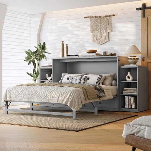 Bellemave Queen Size Murphy Bed, Cabinet Bed with 2 Shelves and Storage Drawers, Farmhouse Murphy Cabinet, Noisy Free, for Guest Bedroom, Living Room, Office, Light Gray Bellemave