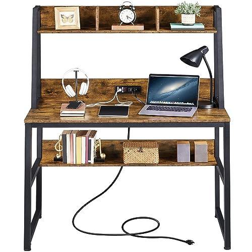 Yaheetech 47 in Rustic Brown Modern Computer Desk with Power Outlets and USB Ports - WoodArtSupply