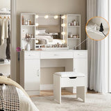 Vabches Makeup Vanity Table with Lighted Mirror & Power Strip, Large Vanity Set Vanity Desk with Storage Stool, 3 Lighting Modes, Brightness Adjustable, 45.2in(L) Vabches