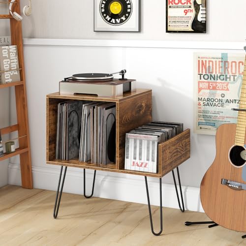 GOFLAME Record Player Stand, Turntable Stand with Charging Station, Vinyl Storage End Table with Metal Legs, Mid-Century Record Player Table for Study, Bedroom, Living Room, Rustic Brown GOFLAME