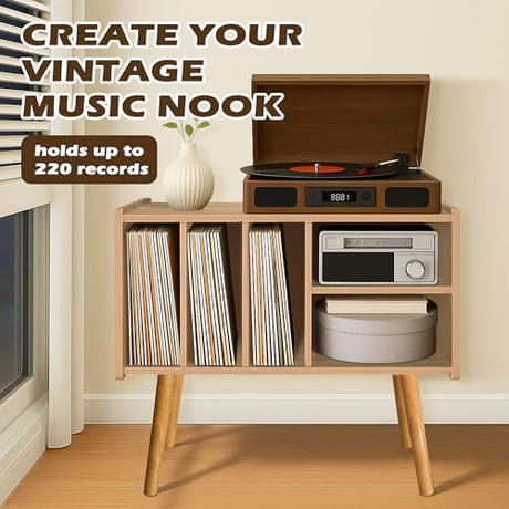 Montex Record Player Stand with Vinyl Storage, Wooden Record Player Table with 5 Cabinet, Large Vinyl Record Player Stand, Record Player Holder, Record Player Shelf for Office Living Room, Oak Montex