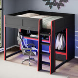 LZ LEISURE ZONE Gaming Bed, Wood Full Size Gaming Loft Bed with Built-in Desk, Wardrobe, LED and a Drawer, Black LZ LEISURE ZONE