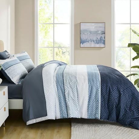 Drucon Comforter Set Queen Size 7 Piece Bed in a Bag Boho Blue Striped Bedding Set Soft Microfiber Comforter and Sheet Set for All Season (Queen, 90"x90") Drucon