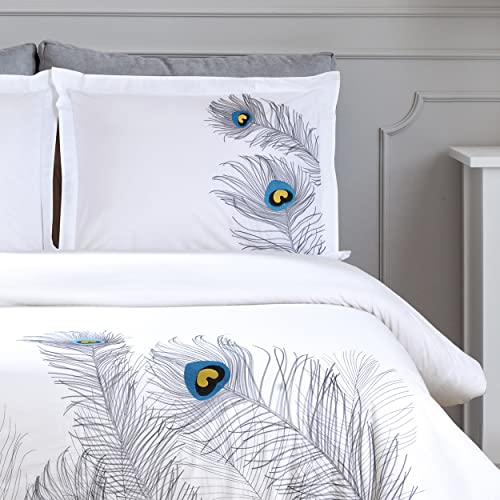 100% Cotton, 3-Piece King/California King, Single Ply, Soft, Embroidered Peacock Duvet Cover Set, Silver Superior