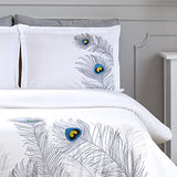 100% Cotton, 3-Piece King/California King, Single Ply, Soft, Embroidered Peacock Duvet Cover Set, Silver Superior