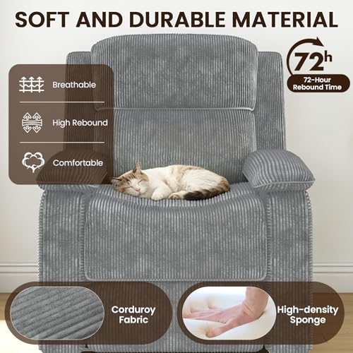 EROMMY Electric Recliner Chair, Oversized Power Recliner with USB Charging Port & Side Pockets, Heavy Duty Corduroy Reclining Sofa Chair, Wide Seat Living Room Chair for Adults, Dark Grey