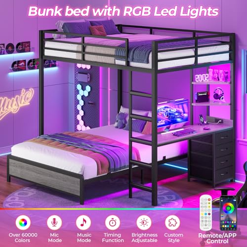 ADORNEVE Bunk Bed with Desk, Full Over Full Bunk Beds with Charging Station & Led Lights, 4 Storage Drawers & 2 Open Storage Shelves, Metal Loft Bed with Safety Guardrail & Ladder for Kids/Teen, Grey ADORNEVE