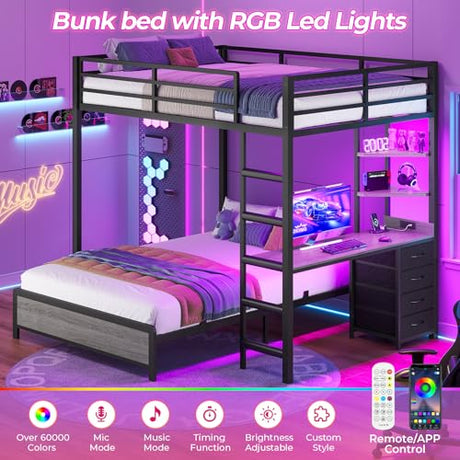 ADORNEVE Bunk Bed with Desk, Full Over Full Bunk Beds with Charging Station & Led Lights, 4 Storage Drawers & 2 Open Storage Shelves, Metal Loft Bed with Safety Guardrail & Ladder for Kids/Teen, Grey ADORNEVE