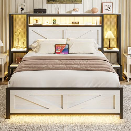 Otevehde Queen Size Rustic Bed Frame with Storage Born Door Headboard and Bedside Storage, Industrial Farmhouse Metal Platform Bed Frame with Charging Station and LED Lights, White Otevehde