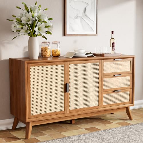 Bme Rattan Pre-Assembled Buffet Sideboard with 3 Drawers & 2 Doors, 58" Accent Console Table Living Room, Kitchen, Dining, Dark Chocolate, Jasper - WoodArtSupply