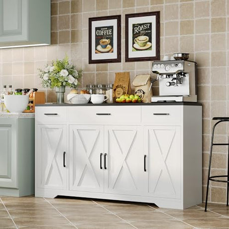 Garvee 55 in Large Buffet Sideboard Cabinet with Storage 4 Doors and 3 Drawers Kitchen Storage Cabinet Coffee Bar Buffet Table for Dining Room, Living Room, Adjustable Shelf Garvee