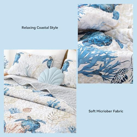 weigelia Coastal Quilts Bedding Set Twin Size - Summer Sea Turtles Nautical Bedding Quilt with Pillow Cases, Beach Reversible Quilt Set Bedspreads Coverlet Soft Lightweight Comforter weigelia