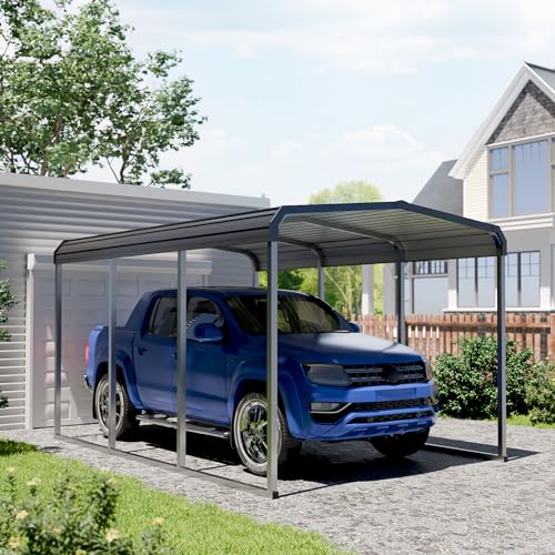 10x15 FT Heavy Duty Metal Carport Kits with Galvanized Steel Roof and Frame, Outdoor Carport Canopy Enhanced Base, Extra Large Car Garage Shelter for Car, SUV, Truck and Boats, Gray Redpick