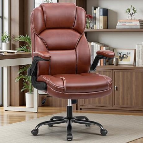 PU Leather Executive Office Chair, Ergonomic Mid-Back Computer & Gaming Chair with Adjustable Height, Rolling Swivel & Flip-Up Armrests, Comfy Padded Seat for Home Office-Brown FelixKing