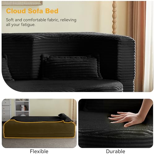 78" Full Size Convertible Futon Sofa Bed, Corduroy Folding Sleeper Sofa Bed with Pillow, Foam Mattress Futon Loveseat Couch, No Assembly Folding Boneless Couches for Living Room, Space‑Saving, Black extrasleep