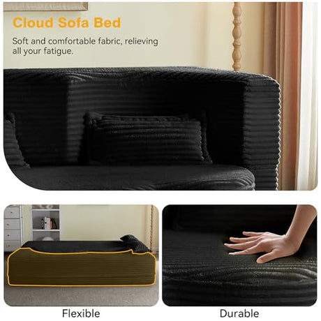 78" Full Size Convertible Futon Sofa Bed, Corduroy Folding Sleeper Sofa Bed with Pillow, Foam Mattress Futon Loveseat Couch, No Assembly Folding Boneless Couches for Living Room, Space‑Saving, Black extrasleep