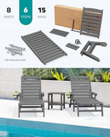 SERWALL Patio Chaise Lounge Chair Set of 2, 78'' Long 5-Positions Adjustable HDPE Outdoor Lounger for Pool, Poly Lounge Chair with Rolling Wheels & Cup Holder for Poolside, Deck, Gray