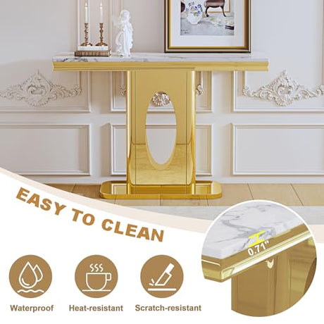 47" Rectangular Console Table, Modern Accent Table with White Faux Marble Top and Gold Mirror Stainless Steel Base, Modern Entryway Table for Living Room, Bedroom, or Hallway AF ARTISAN FURNITURE