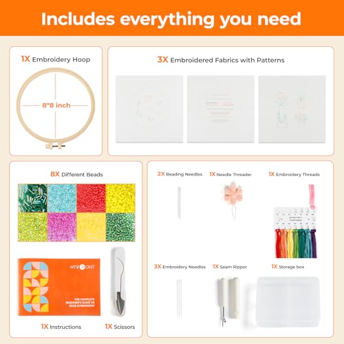 HTVRONT Sparkling Bead Embroidery Kit for Beginners- 3 Sets Complete Embroidery Kits with Step by Step Stitch Video & Instruction, Starter Embroidery Kit with 11 Stitches for Gifts for Woman