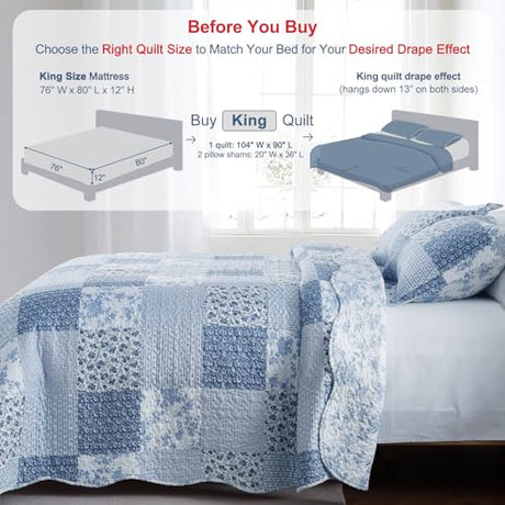 GOONE King Quilt Set 104x90 Inches, Blue Floral Boho Bedspread Farmhouse Quilting Bedding Set, Lightweight Washed Coverlet Set, Reversible Bed Cover, Quilt King Size with 2 Pillow Shams All-Season GOONE