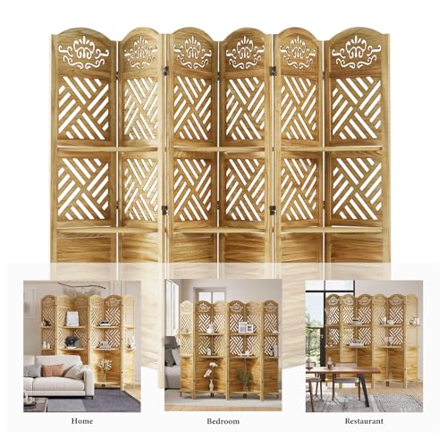 Room Divider with Shelves, 5.75ft Tall Folding Wood Carved Screen with Double Hinges for Home Office Bedroom Hotel Decoration (6 Panels, Natural) Svimi