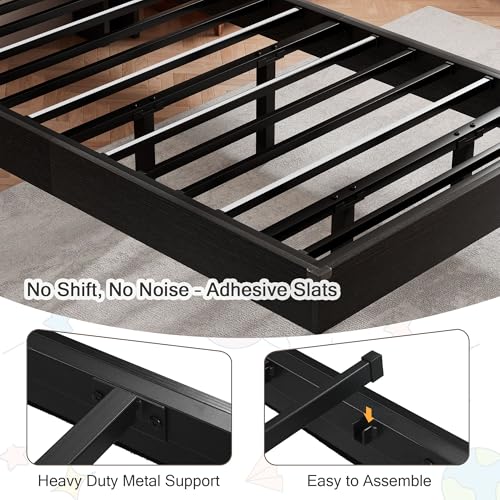 Einhomn Twin Bed Frames with LED Lights and Charging Station - Wood Floating Bed Frame with Storage Headboard, Adhesive Slats, Kick-Free & Noise-Free Design, Easy Assembly, Black Einhomn