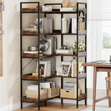 KOUSEI 5-Tier Bookshelf Reversible,Corner Bookcase 4 Hooks,65" Industrial Wooden Bookcase with Open Wide Shelves and Metal Frame for Living Room, Bedroom, Home Office,Rustic Brown KOUSEI