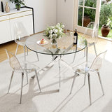 HAIZAO Clear Round Glass Dining Table Set for 4, 5 Piece Circle Kitchen Table Set, 36'' Modern Circular Dining Room Table Set, Minimalist Dining Set, Clear Acrylic Chair, for Small Place (Silver) HAIZAO