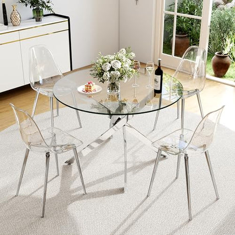 HAIZAO Clear Round Glass Dining Table Set for 4, 5 Piece Circle Kitchen Table Set, 36'' Modern Circular Dining Room Table Set, Minimalist Dining Set, Clear Acrylic Chair, for Small Place (Silver) HAIZAO