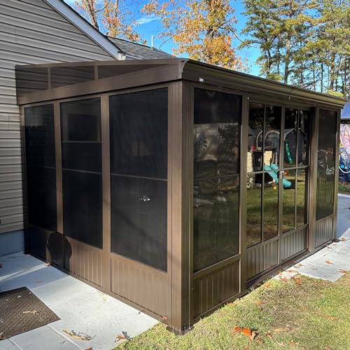 Domi 10x12FT Wall Mounted Sunroom, Against Wall Solarium with Galvanized Steel Sloping Roof, Detachable PVC Screen, Lockable Sliding Door, Lean-to Gazebo Sun Room for Patio Deck