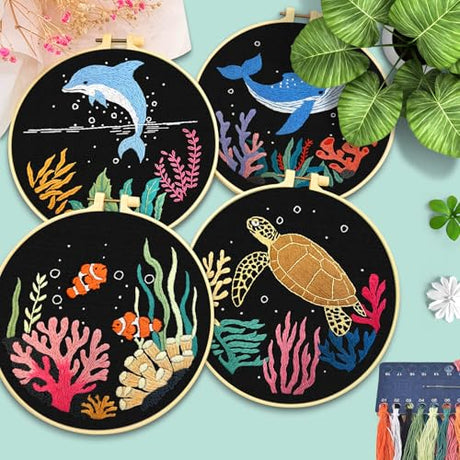 ERKOON 4 Set Embroidery Kit for Beginners, Cross Stitch Set Include Embroidery Cloth Hoops Threads for Craft Lover Hand Stitch with Embroidery Skill Techniques (Marine Animals) ERKOON