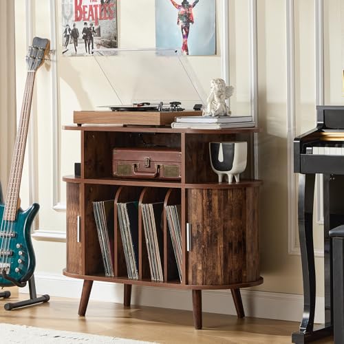 LELELINKY Large Round Record Player Stand with Charging Station & Fluted Panel, Brown Mid Century Modern Turntable Cabinet with Vinyl Storage, Arched Wood Record Player Table for Living Room LELELINKY