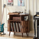 LELELINKY Large Round Record Player Stand with Charging Station & Fluted Panel, Brown Mid Century Modern Turntable Cabinet with Vinyl Storage, Arched Wood Record Player Table for Living Room LELELINKY