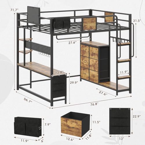 Dnxao Loft Bed with Desk Full Size,Full Size Bed Frame with 6 Storage Drawers, 2 Bedside Organizer,6 Movable Hooks,LED Lights & Charging Station,Safety Guardrail,No Box Spring Needed,Rustic Brown Dnxao