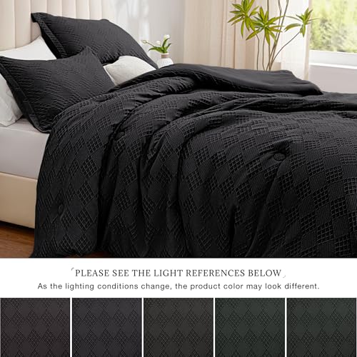 EXQ Home Waffle Comforter Queen Size - Super Soft Embossed Design Comforter Set 3 Pieces, Black 3D Diamond Pattern Bedding Set,Winter Warm Bed Set,1 Comforter with 2 Pillowcases EXQ Home
