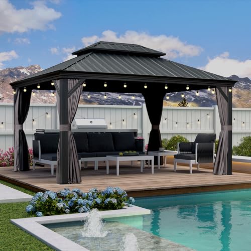 PURPLE LEAF 11' X 14' Hardtop Gazebo with Light Galvanized Steel Double Roof Outdoor Gazebo for Patio Lawn and Garden Curtains and Netting Included Grey - WoodArtSupply