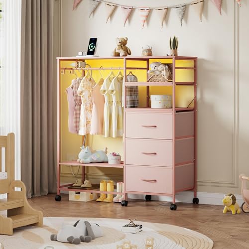 WLIVE Dresser for Bedroom with Clothes Rack, 3 Drawer Dresser with LED Lights & Charging Station, Fabric Dressers & Chest of Drawers, Storage Organizer with Open Shelves for Closet, Living Room, Pink WLIVE