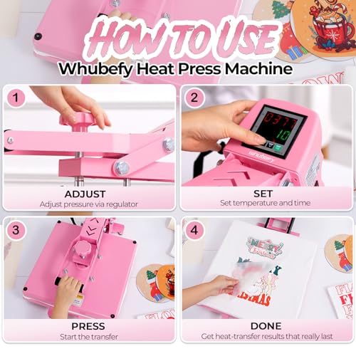 Whubefy Heat Press 15x15 Slide Out, Industrial-Quality Clamshell Sublimation Heat Transfer Machine with 5 DTF Transfer Sheets, Digital Heat Press Machine for T Shirts/Bags/Pillows/Mouse Pad (Pink) Whubefy