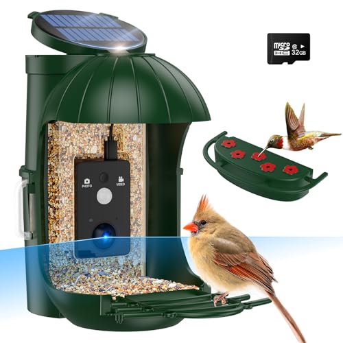 Relassy Bird Feeder with Camera, Waterproof Smart Bird Feeder with Camera Solar Powered for Outdoors, Rechargeable & Detachable 110° Bird Feeder Camera, Auto Capture Bird HD Videos & Photos, Green Relassy