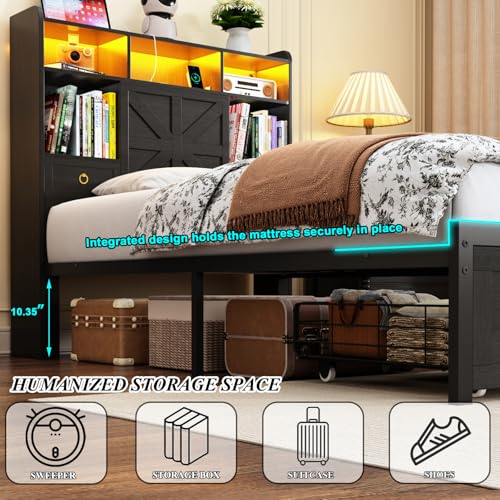 Etditrnp Twin Bed Frame with Storage Headboard, Farmhouse Platform Bed Frame with Bookshelf, Drawers, LED Lights and Charging Station, Metal Slats Support, Noise Free, No Box Spring Needed, Black Etditrnp