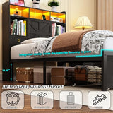 Etditrnp Twin Bed Frame with Storage Headboard, Farmhouse Platform Bed Frame with Bookshelf, Drawers, LED Lights and Charging Station, Metal Slats Support, Noise Free, No Box Spring Needed, Black Etditrnp
