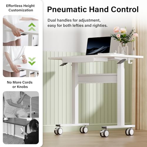 DAWNYIELD Standing Desk for Walking Pad with Wheels, Pneumatic Cordless Height Adjustable Rolling Desk, Mobile Computer Workstation with Drawer Hook Locking Casters for Treadmill & Home Office, White DAWNYIELD