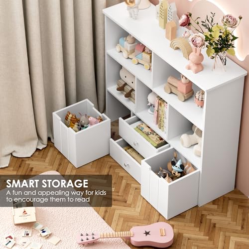 FOTOSOK Toy Storage Organizer with 4 Drawers, Toy Organizers and Storage with Concealed Wheels and 5 Storage Cubbies, Multifunctional Storage Chest Kids Storage Organization, Playroom Furniture, White FOTOSOK