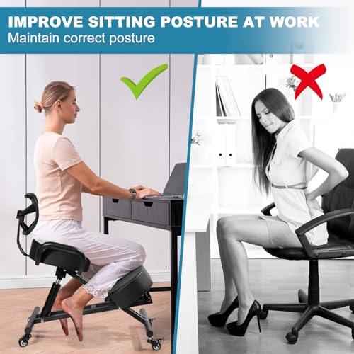 Ergonomic Kneeling Chair, Lumbar Support Kneeling Chair with Adjustable Height and Footrest for Desk Work for Home and Work, Improve Your Postures, 4" Thick Comfortable Cushions, Locking Wheels Generic