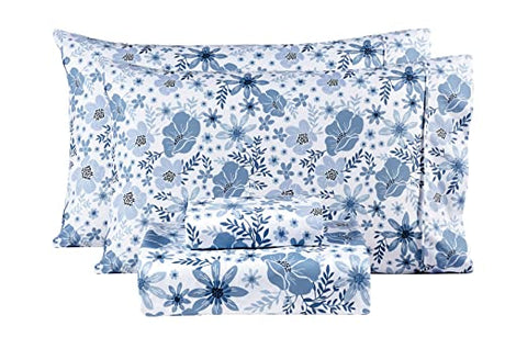 Mooreeke Queen Size Sheets Set - 4 Piece Soft Breathable Microfiber Bed Sheet Set - Blue & White Flower Pattern Sheet Set Queen - Deep Pocket Non-Slip Floral Fitted Sheet Included for All Season Mooreeke
