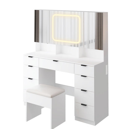 VINGLI 47'' Vanity Desk with LED Lighted Large Mirror & Cushioned Stool, Makeup Vanity Set with 3 Hidden Cabinets & Lighting in 3 Colors & 9 Drawers & Charging station for Bedroom Dressing Room, White