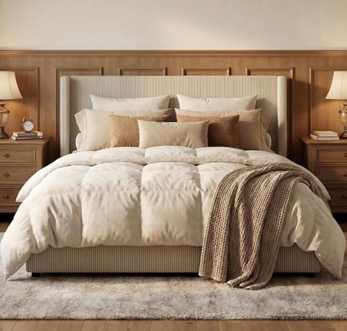 GarveeHome Queen Size Bed Frame with Storage Drawers, Corduroy Upholstered Platform Bed with Wingback and Tufted Headboard, No Box Spring Needed, Beige GarveeHome